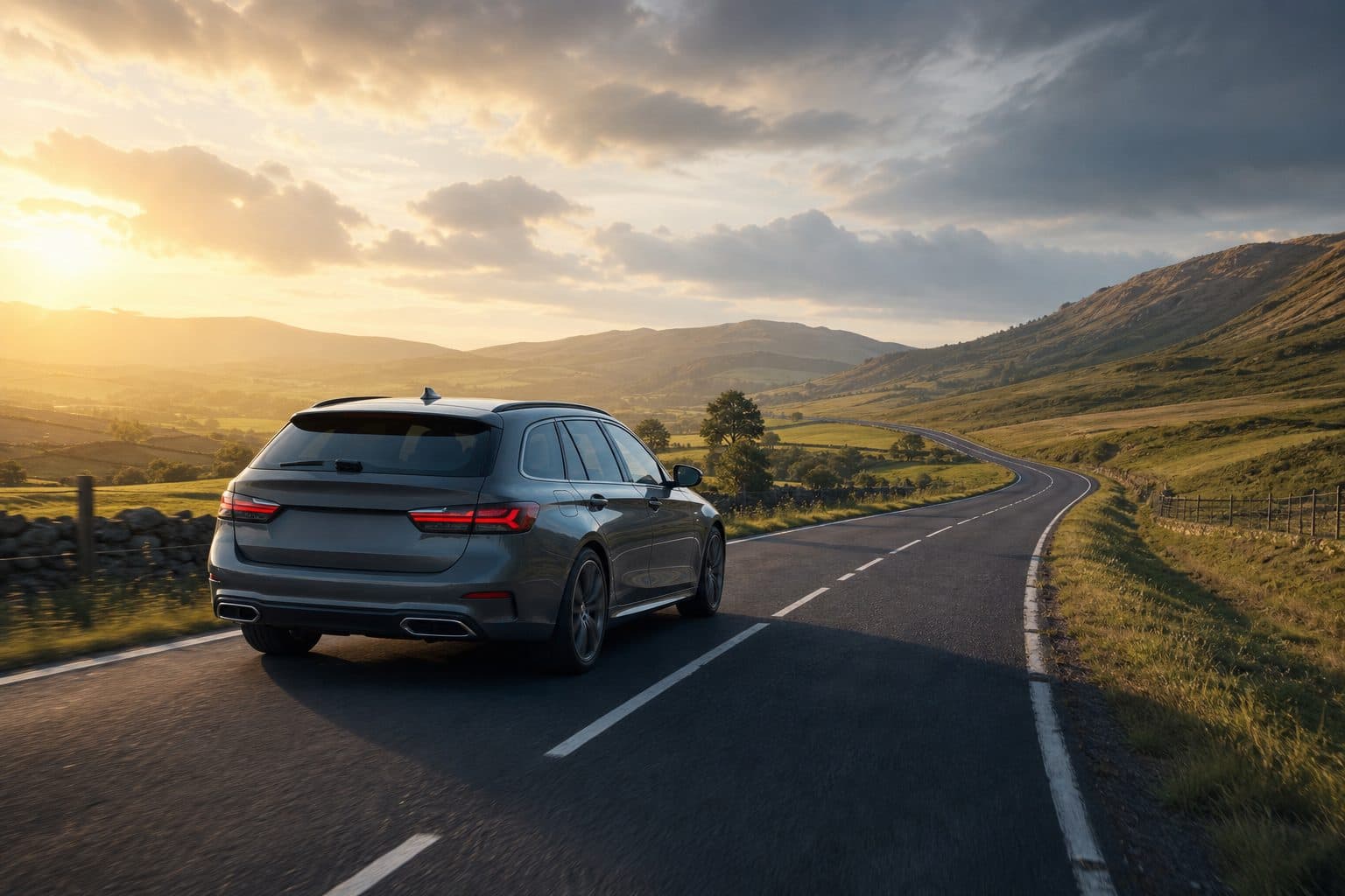 A car on an open road winding through green hills under a bright sky, ready for a long drive.