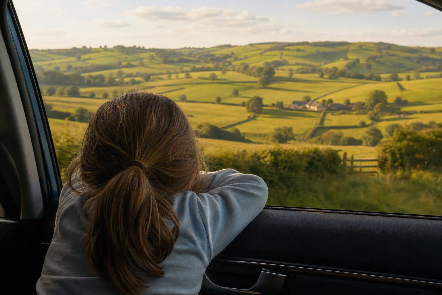 A child looking out of a car window at passing countryside on a sunny road trip