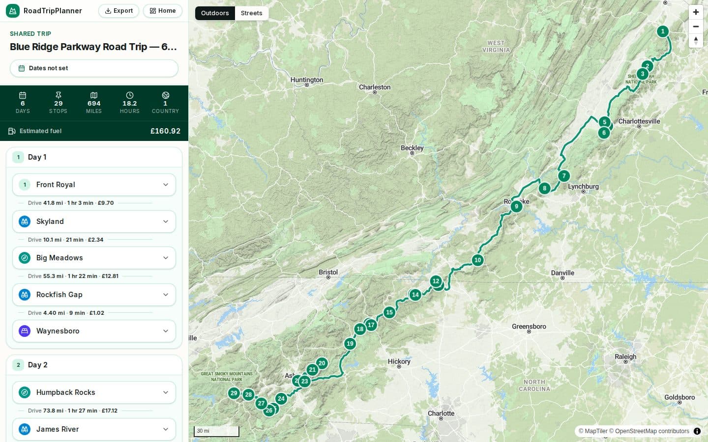 The Blue Ridge Parkway Road Trip itinerary plotted day by day in the RoadTripPlanner planner