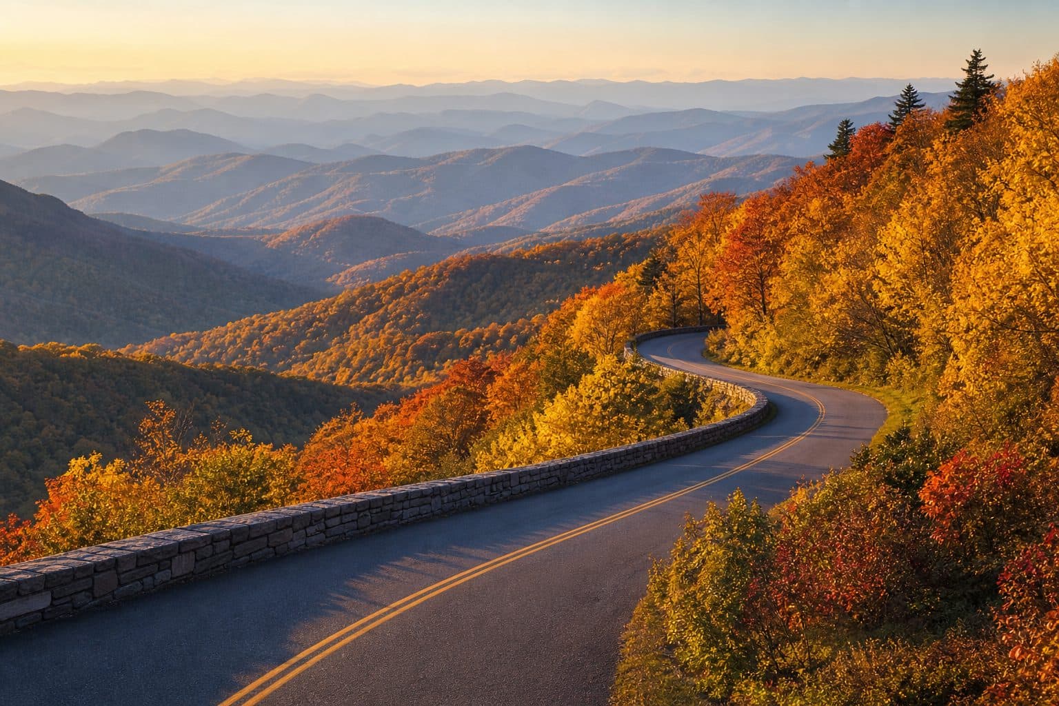 Blue Ridge Parkway road trip route map winding through the Appalachian Mountains from Virginia to North Carolina