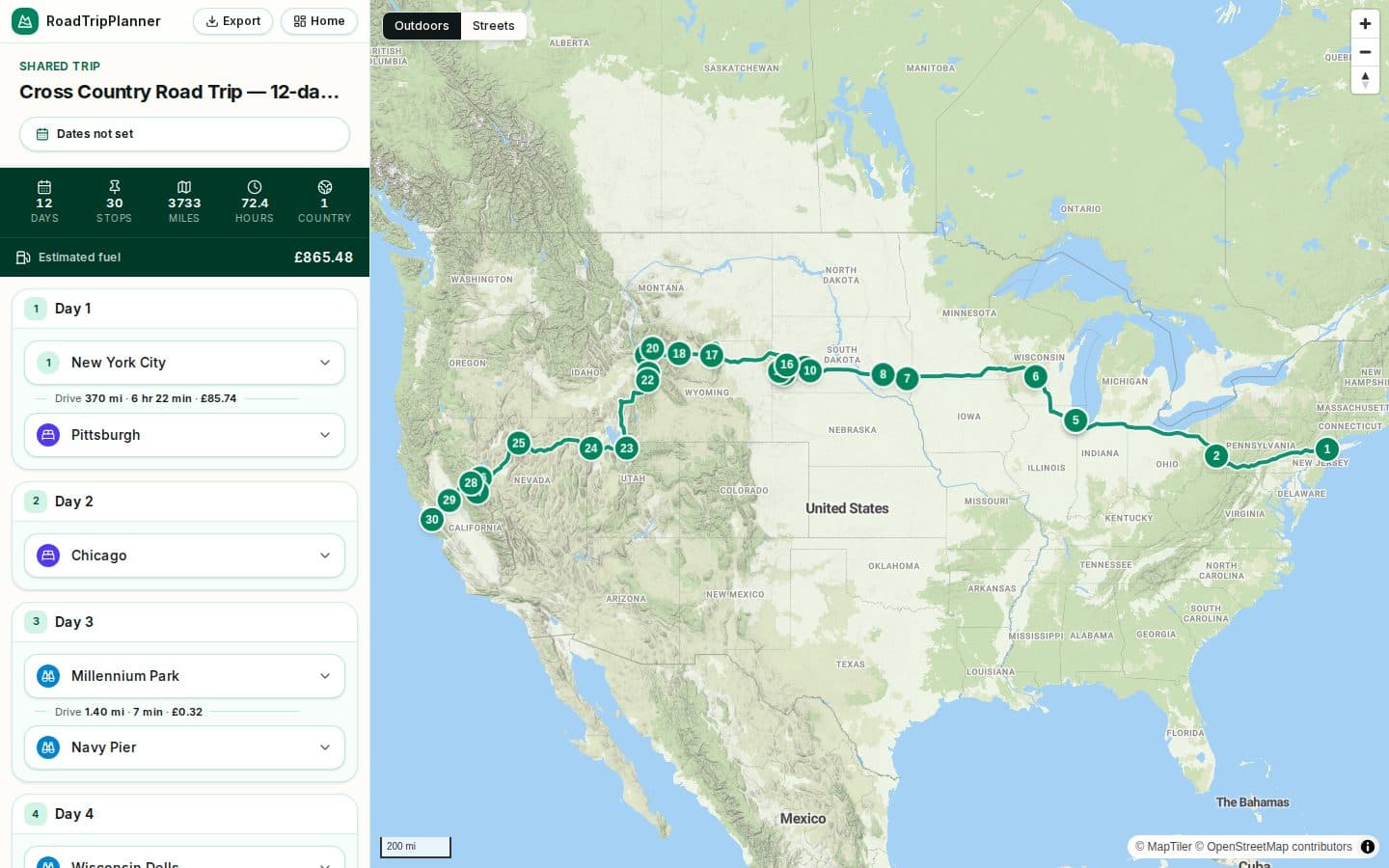 The Cross Country Road Trip itinerary plotted day by day in the RoadTripPlanner planner