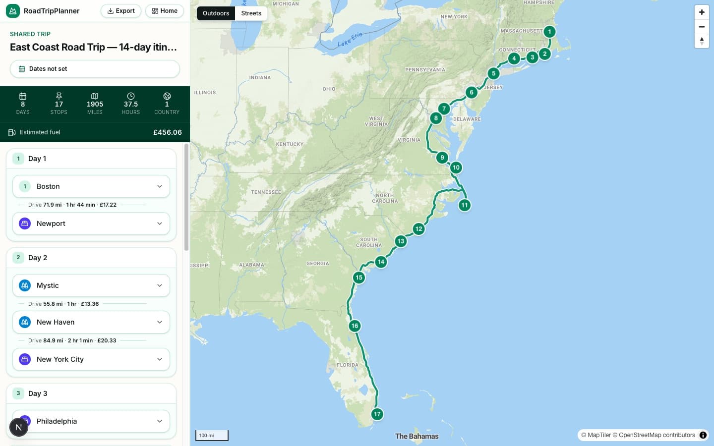 The East Coast Road Trip itinerary plotted day by day in the RoadTripPlanner planner