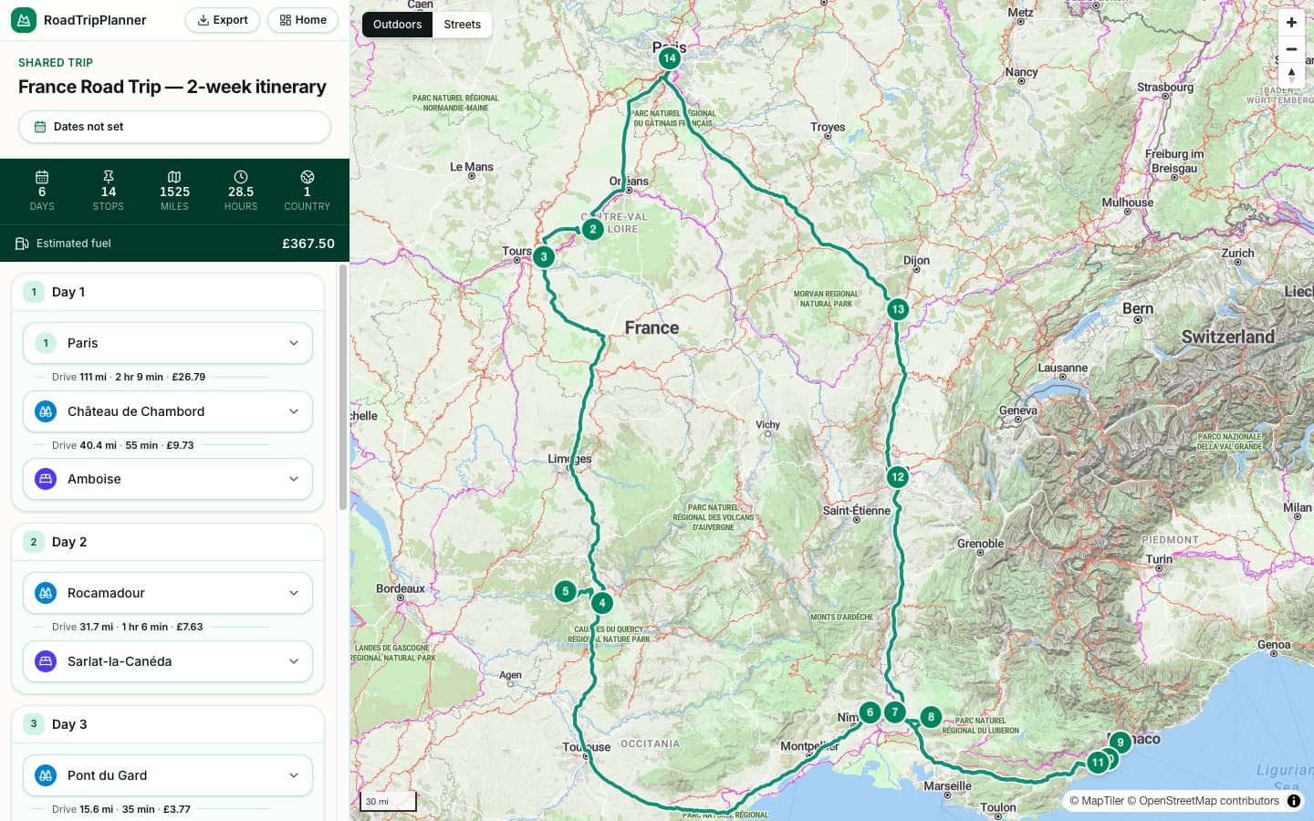 The France Road Trip itinerary plotted day by day in the RoadTripPlanner planner