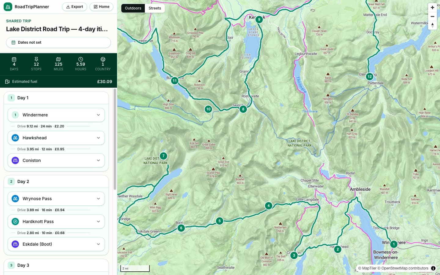 The Lake District Road Trip itinerary plotted day by day in the RoadTripPlanner planner