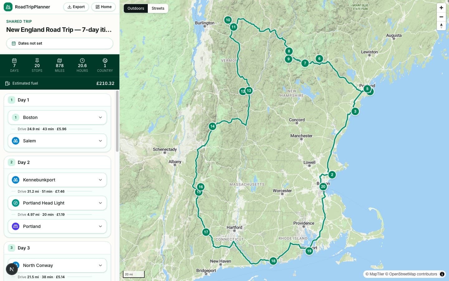The New England Road Trip itinerary plotted day by day in the RoadTripPlanner planner