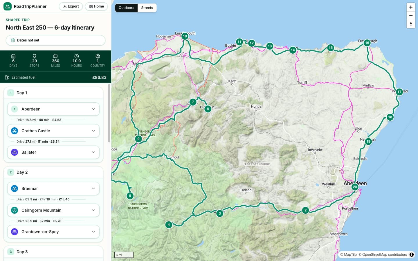 The North East 250 itinerary plotted day by day in the RoadTripPlanner planner