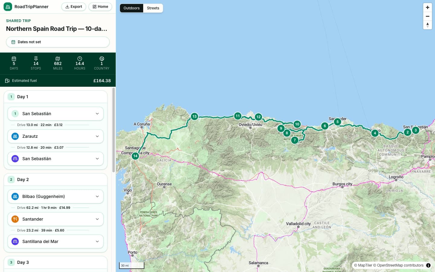 The Northern Spain Road Trip itinerary plotted day by day in the RoadTripPlanner planner