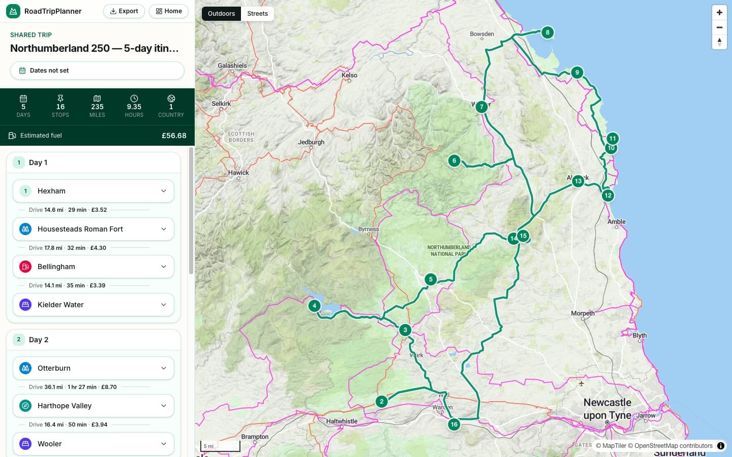 The Northumberland 250 itinerary plotted day by day in the RoadTripPlanner planner