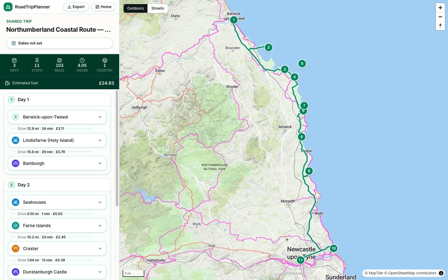 The Northumberland Coastal Route itinerary plotted day by day in the RoadTripPlanner planner