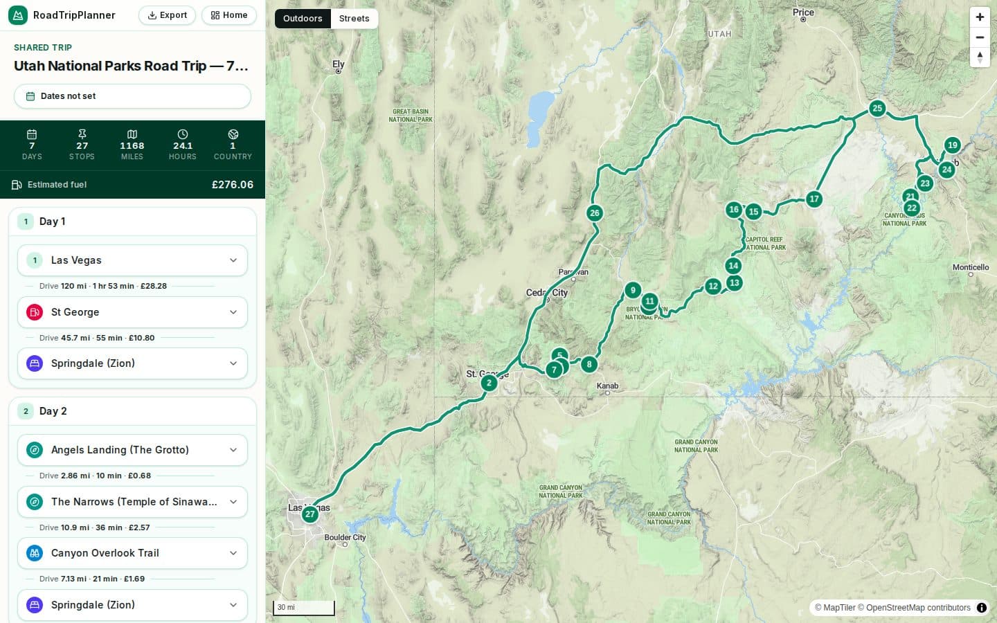 The Utah National Parks Road Trip itinerary plotted day by day in the RoadTripPlanner planner