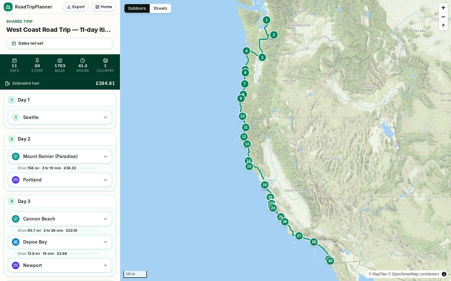 The West Coast Road Trip itinerary plotted day by day in the RoadTripPlanner planner