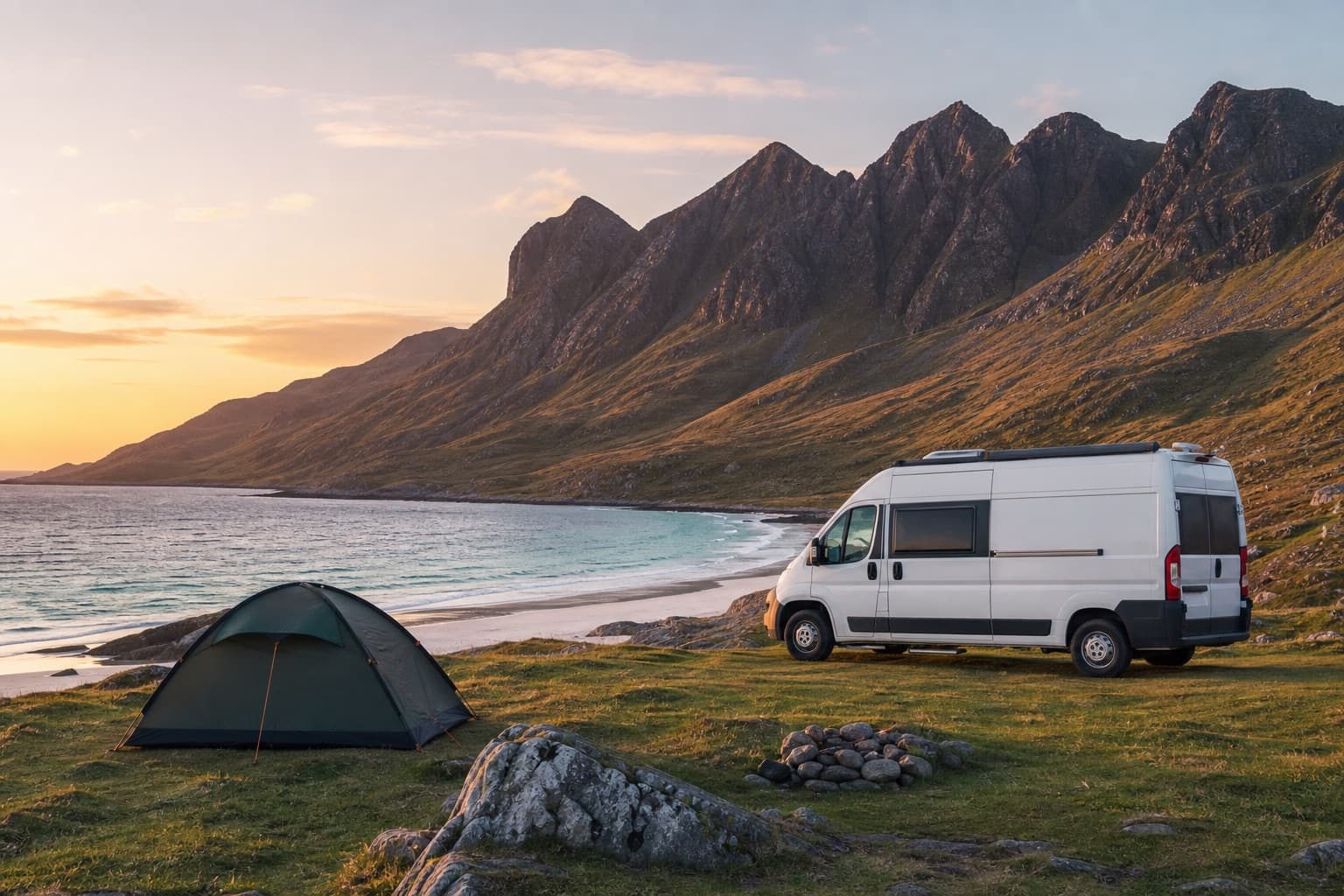 Campervan and tent pitched on grass above a white-sand beach on the NC500 in the Scottish Highlands at sunset