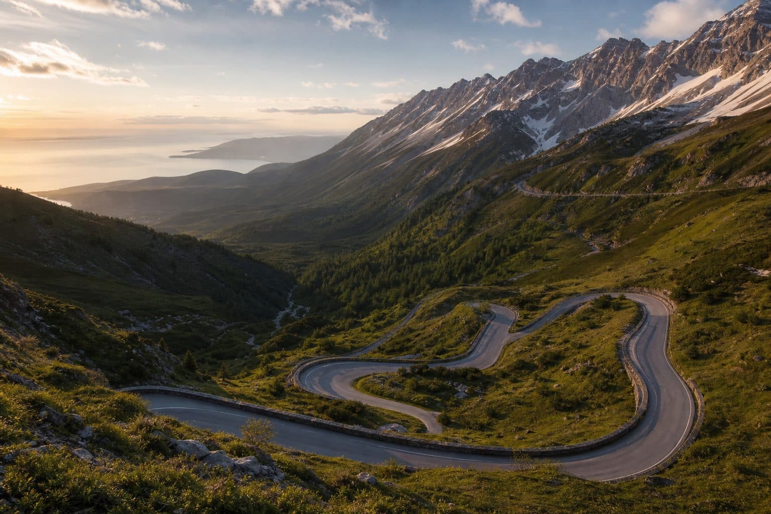 A winding mountain road switchbacking through a green alpine valley in Europe under dramatic evening light