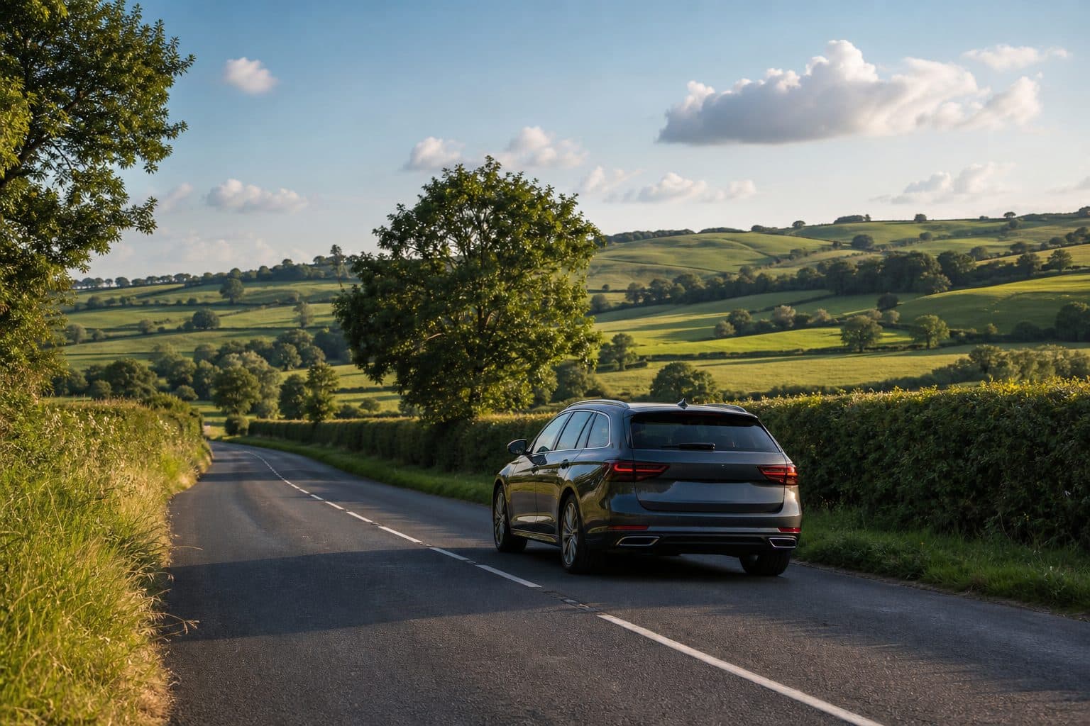 A family car on a quiet country road on a summer family road trip, with rolling green hills ahead