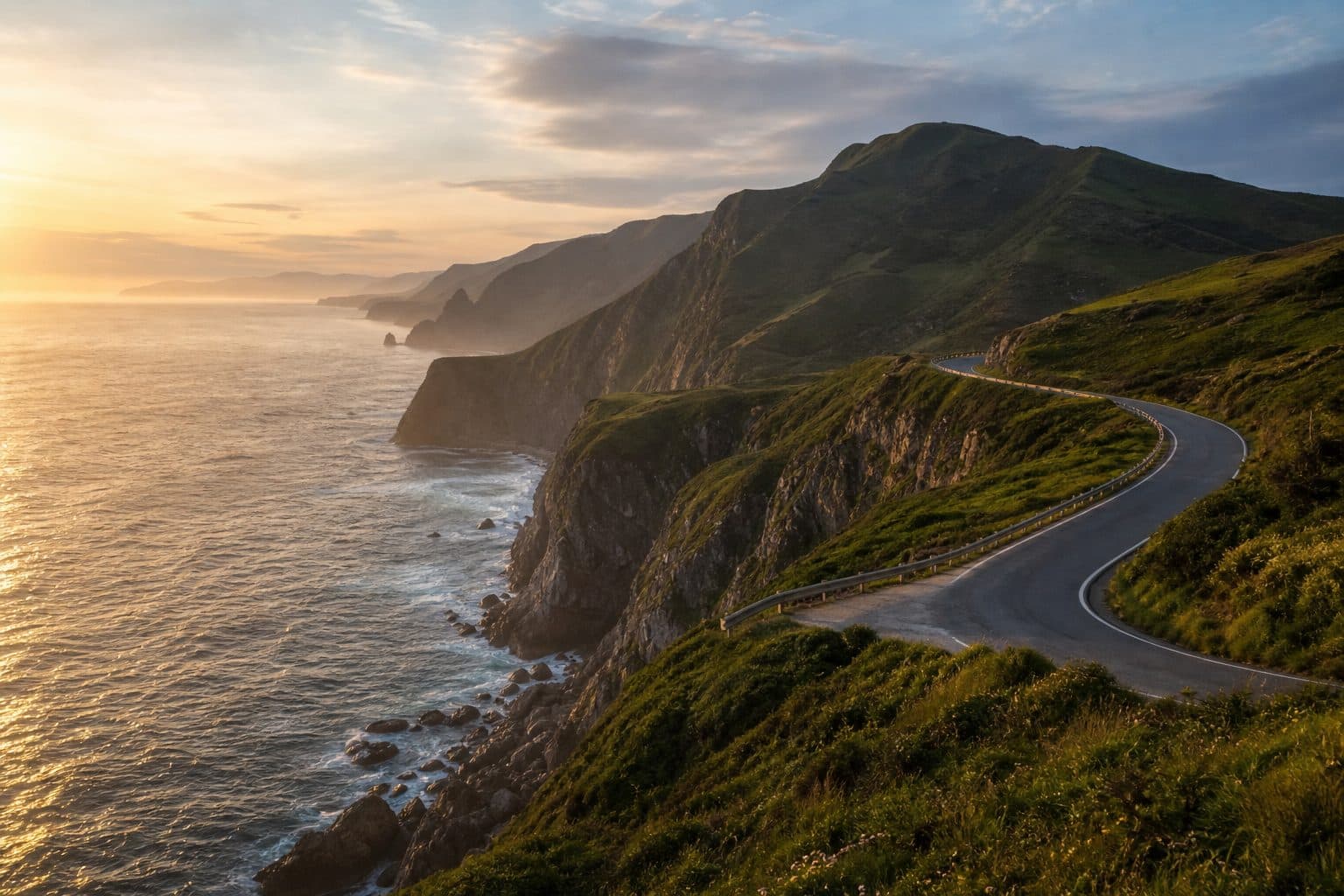 A winding coastal road curving along dramatic cliffs above the sea at golden hour, the classic road trip destination view.