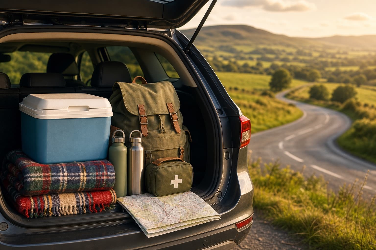 A car boot packed for a road trip with a cool box, blanket, water bottles and a paper map