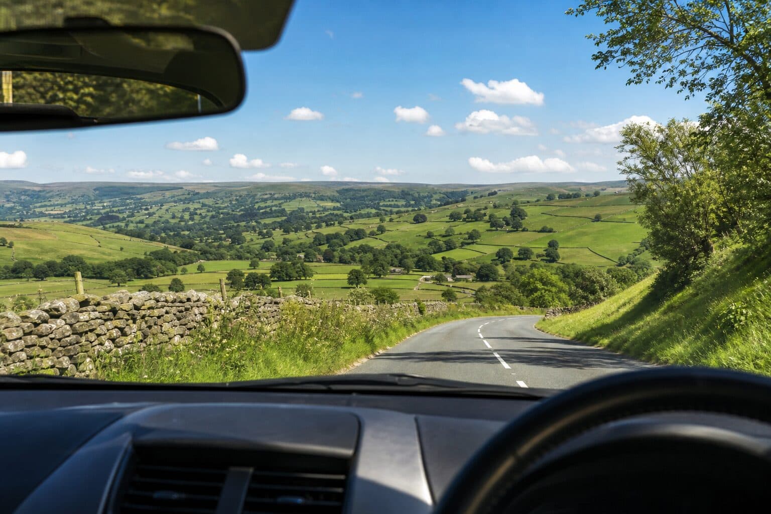 Two children looking out of a car window at the countryside on a family road trip