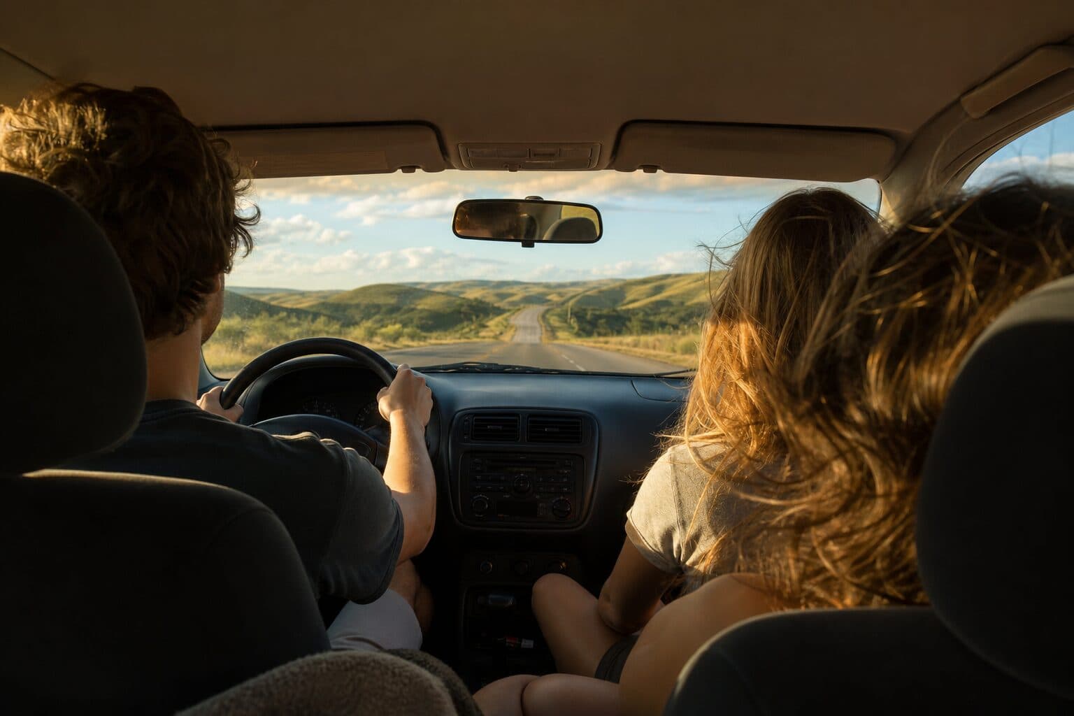 Friends chatting and laughing inside a car on a sunlit open road