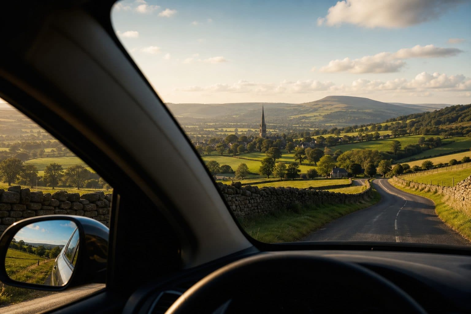 Children pointing excitedly out of a car window at the passing countryside on a sunny road trip