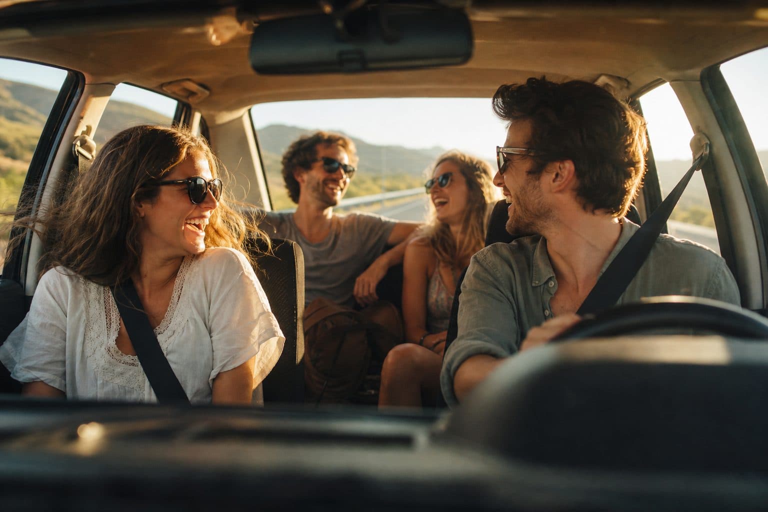 Friends laughing together inside a car on a sunny road trip through open countryside