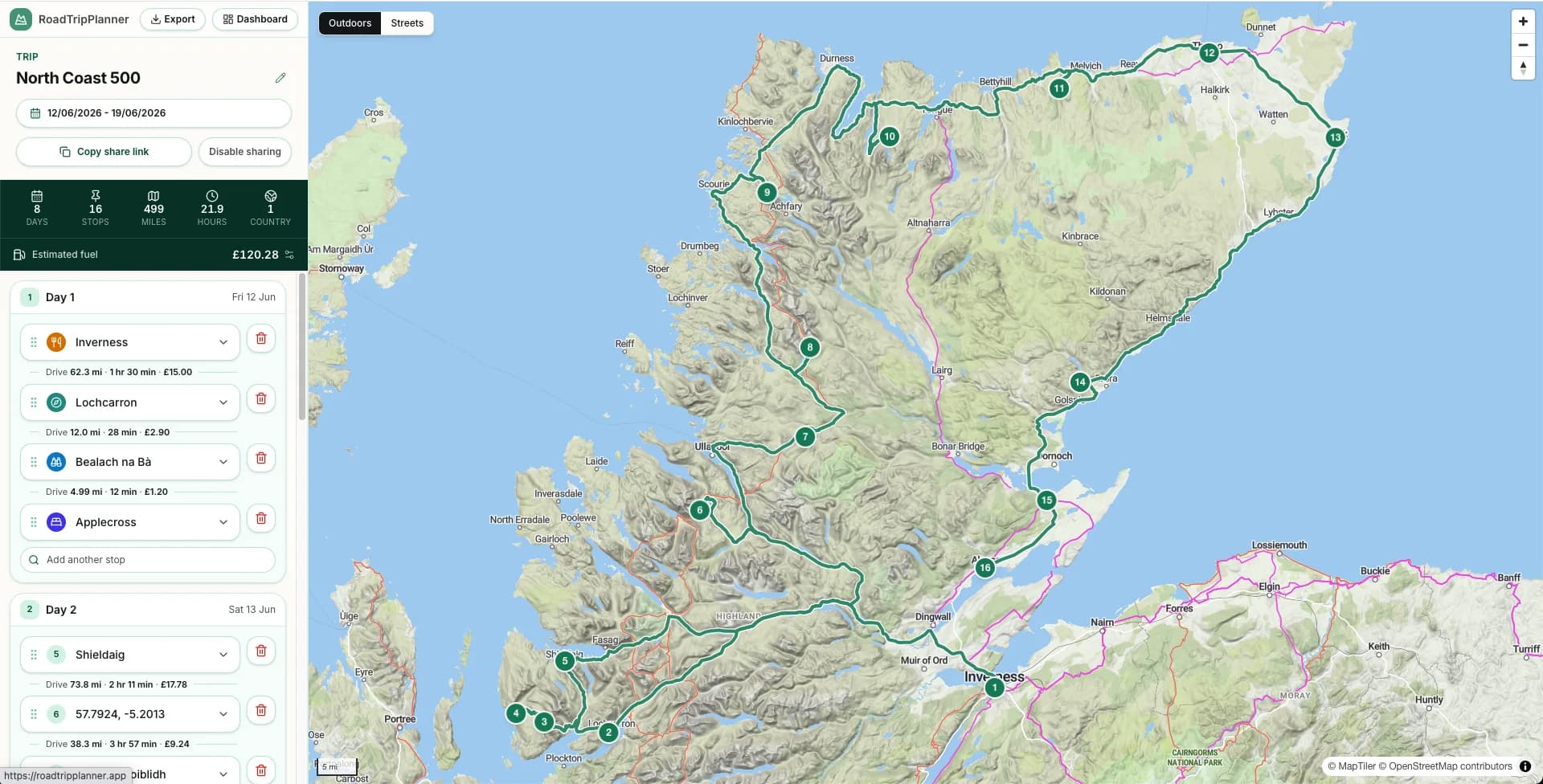 RoadTripPlanner showing a North Coast 500 road trip with a day-by-day itinerary of stops alongside a map of the route through the Scottish Highlands