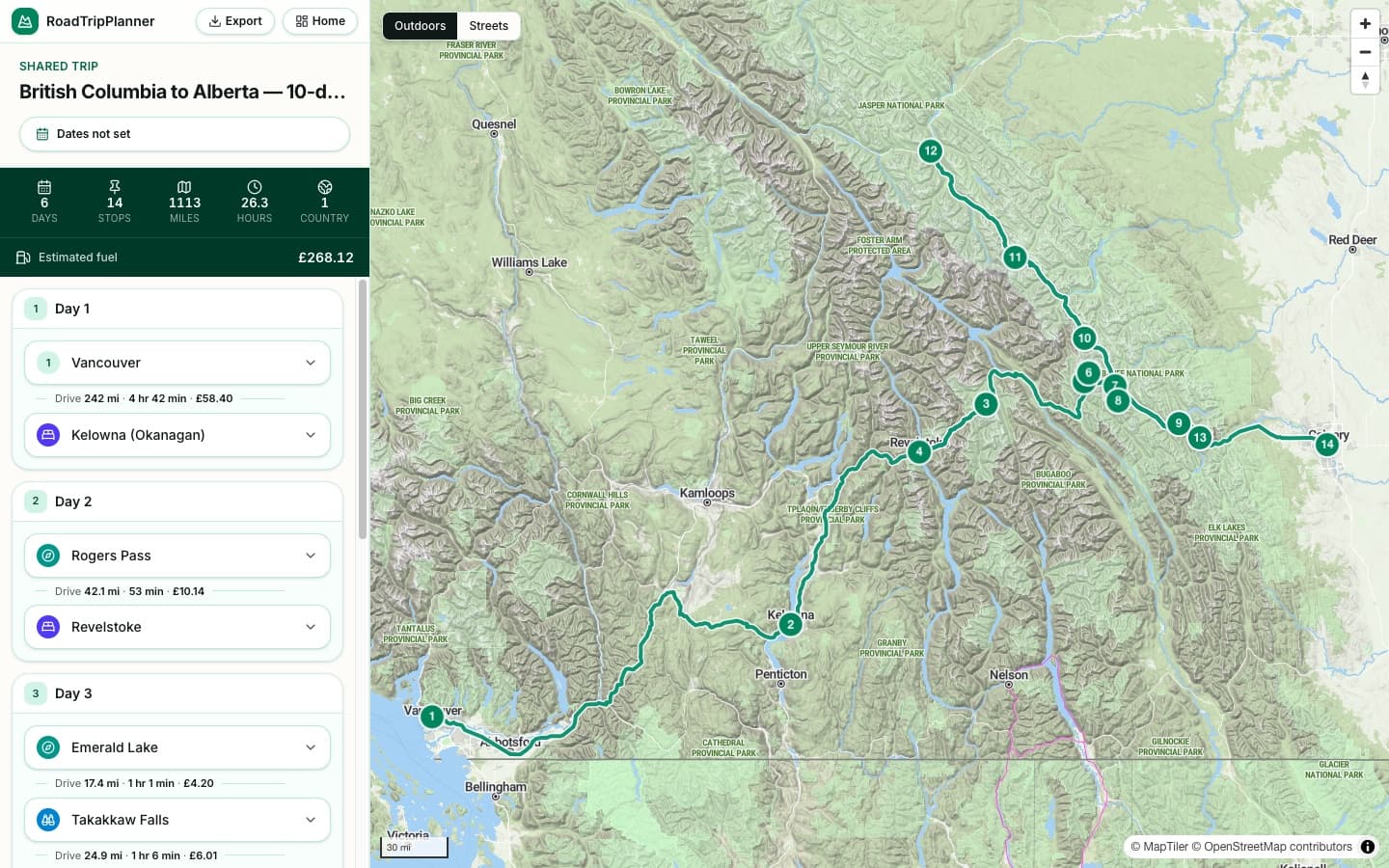 The British Columbia to Alberta itinerary plotted day by day in the RoadTripPlanner planner