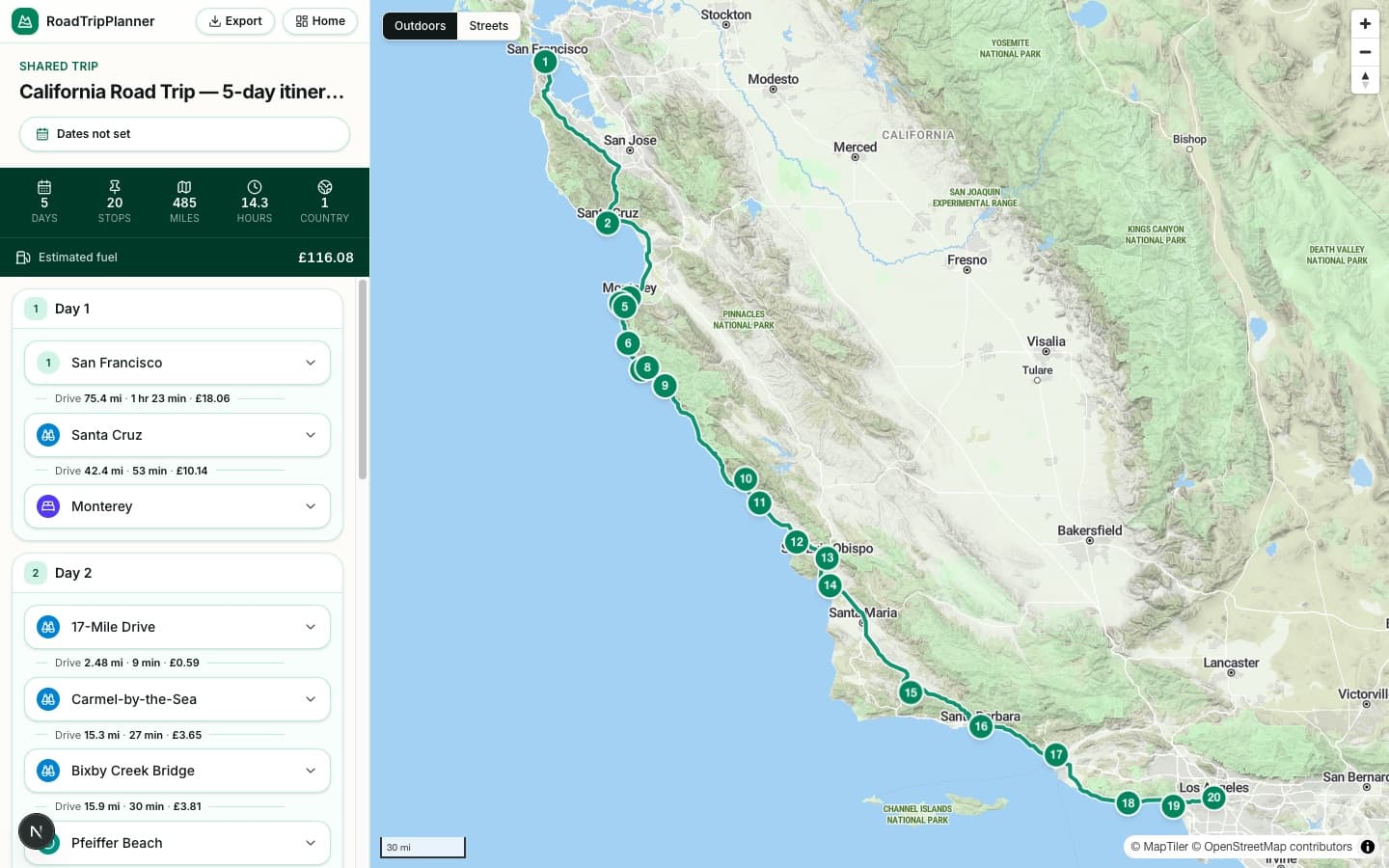 The California Road Trip itinerary plotted day by day in the RoadTripPlanner planner
