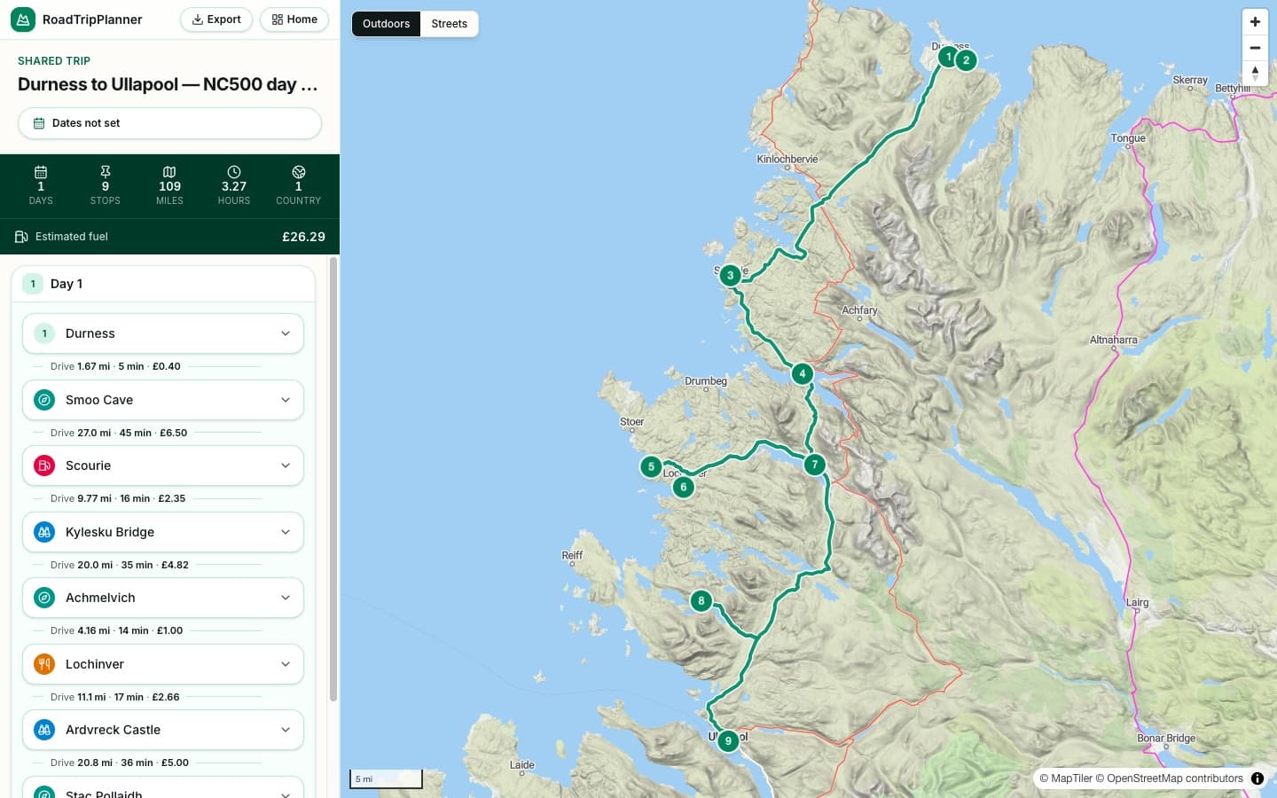The Durness to Ullapool itinerary plotted day by day in the RoadTripPlanner planner
