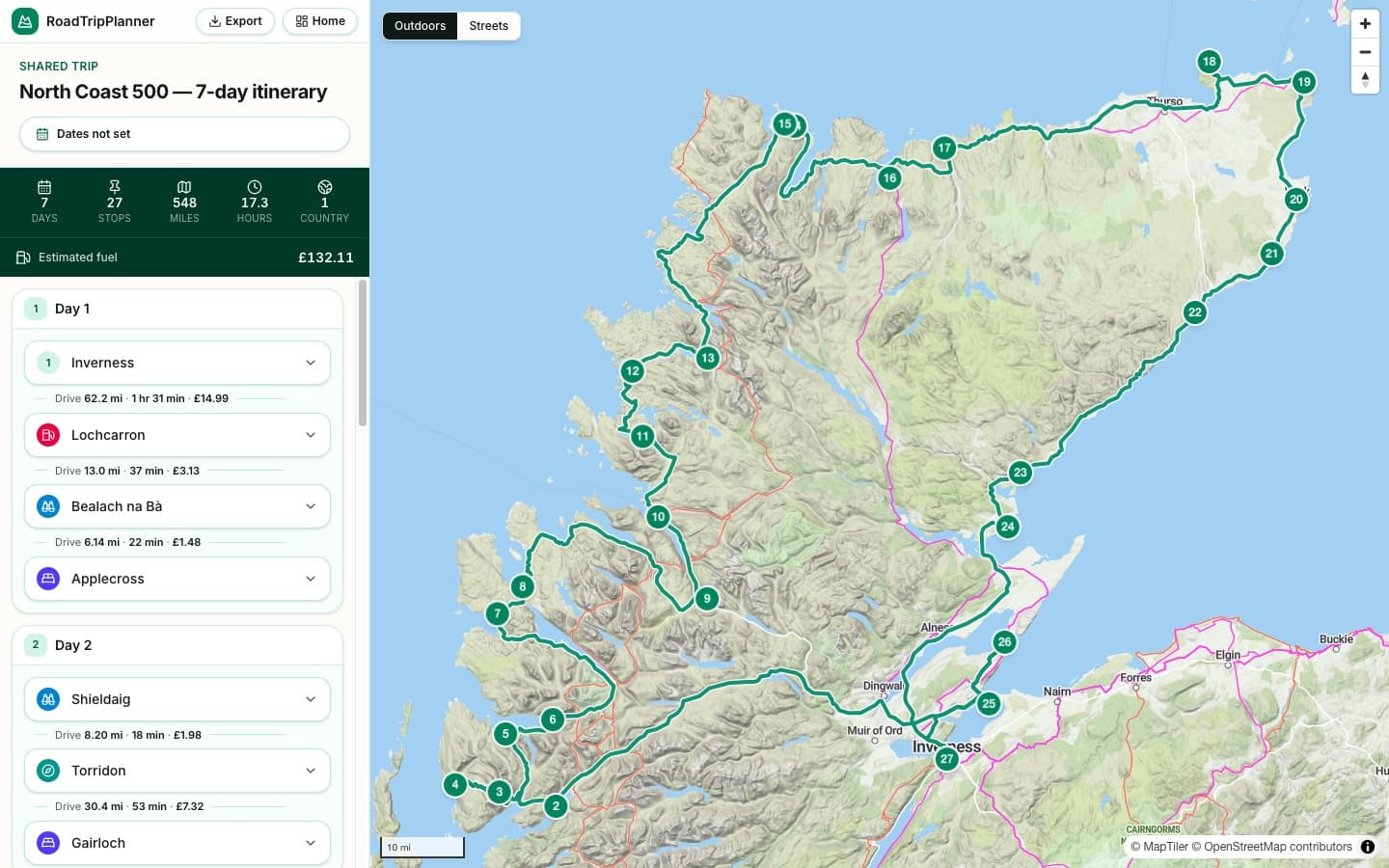 The North Coast 500 itinerary plotted day by day in the RoadTripPlanner planner