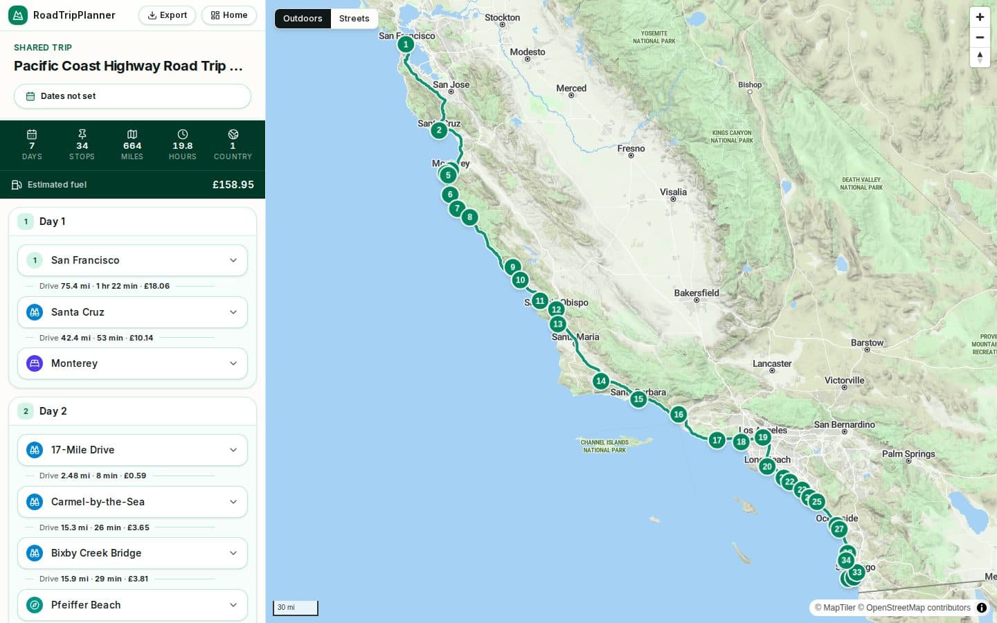 The Pacific Coast Highway Road Trip itinerary plotted day by day in the RoadTripPlanner planner