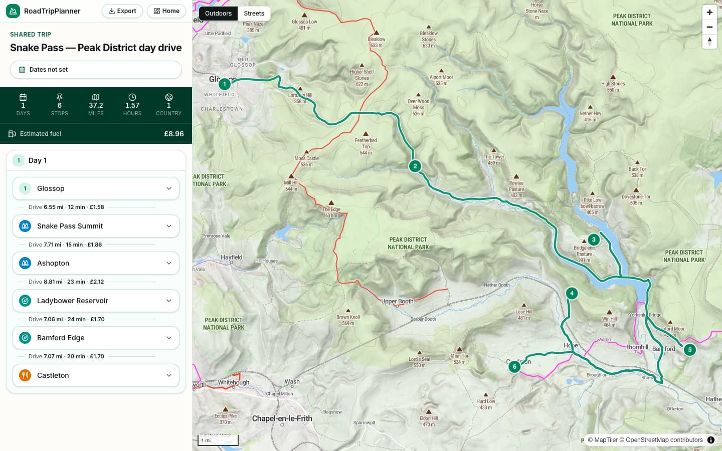 The Snake Pass itinerary plotted day by day in the RoadTripPlanner planner