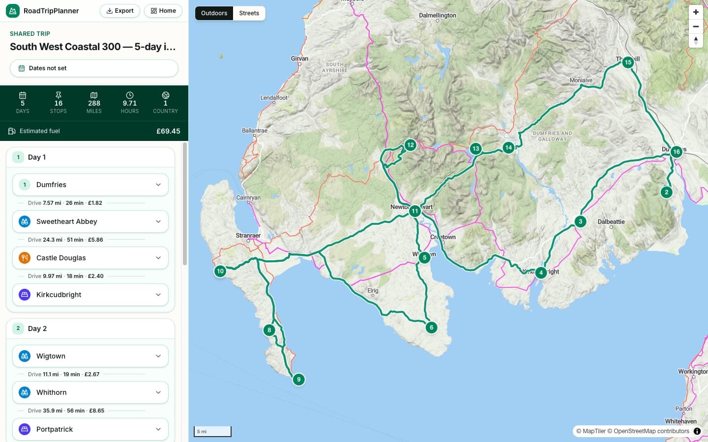 The South West Coastal 300 itinerary plotted day by day in the RoadTripPlanner planner