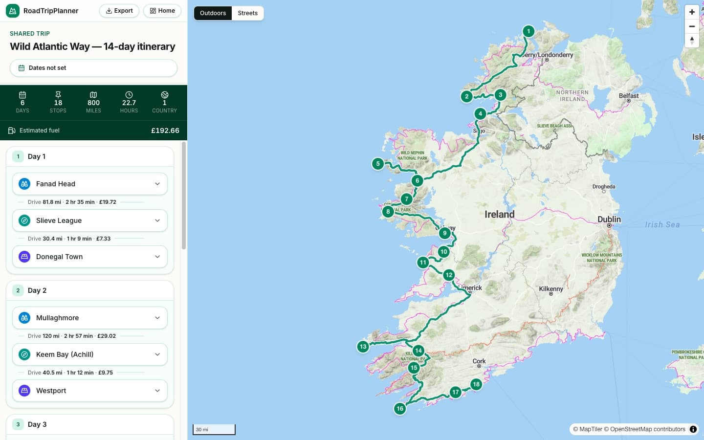 The Wild Atlantic Way itinerary plotted day by day in the RoadTripPlanner planner